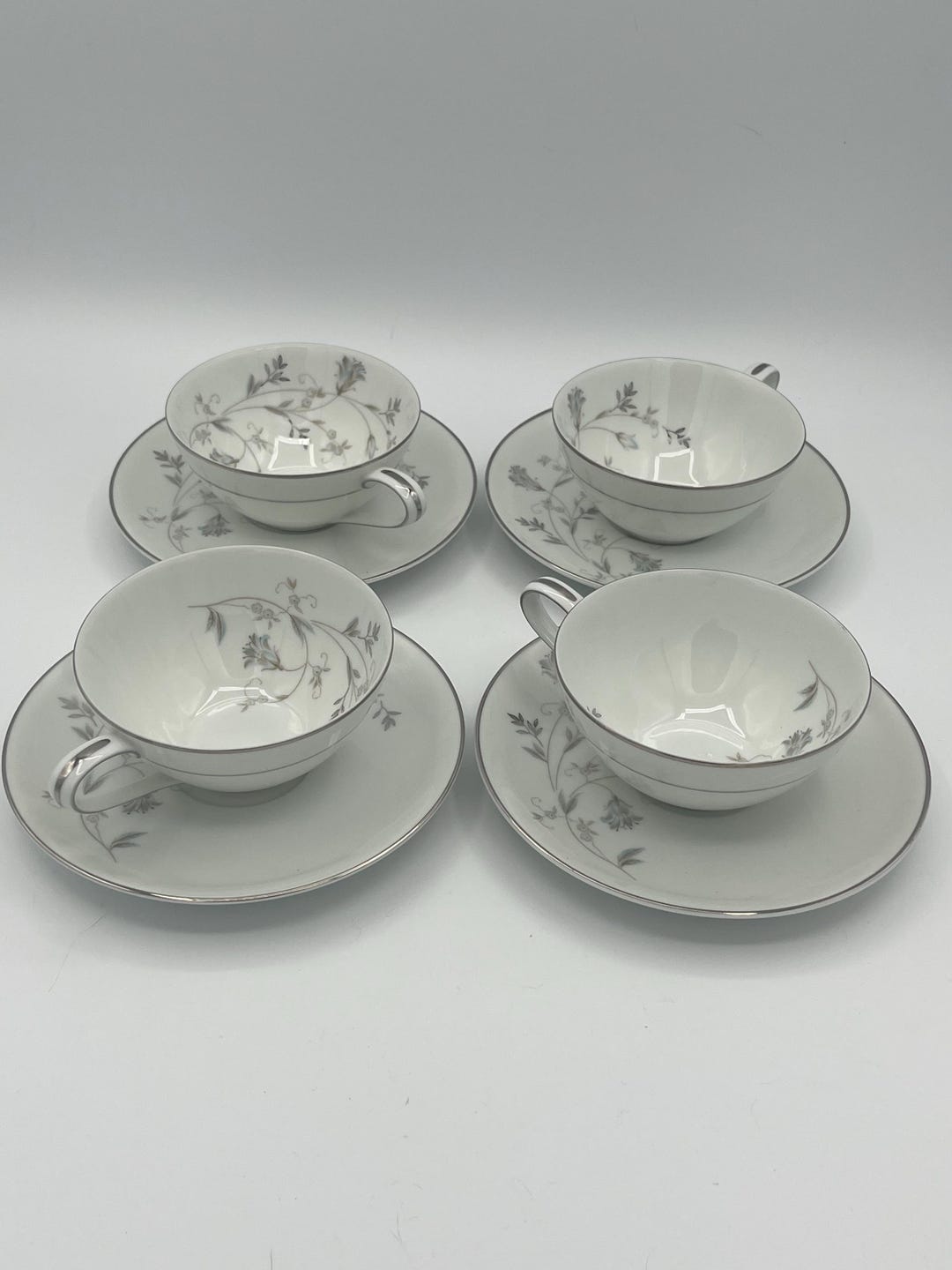 Vintage Noritake Valerie Tea Cups and Saucers, Set of 4, Silver