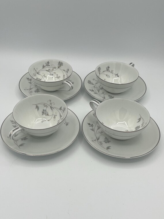 Vintage Noritake Valerie Tea Cups and Saucers, Set of 4, Silver