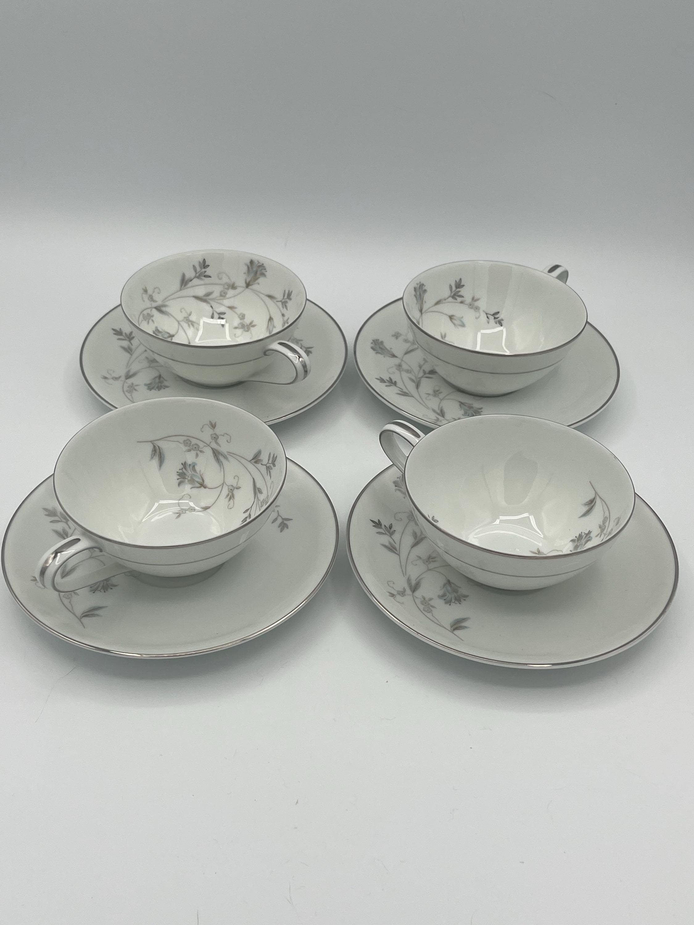 Vintage Noritake Valerie Tea Cups and Saucers, Set of 4, Silver