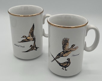 Vintage Game Bird Mugs, Mallard Duck & Pheasant, Gold Rim, Set of 2