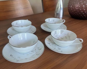 Vintage Noritake Valerie Tea Cups and Saucers, Set of 4, Silver