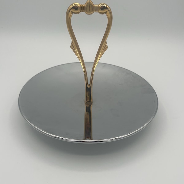 Vintage Kromex Chrome Serving Tray with Gold Handle, Mid-Century Modern