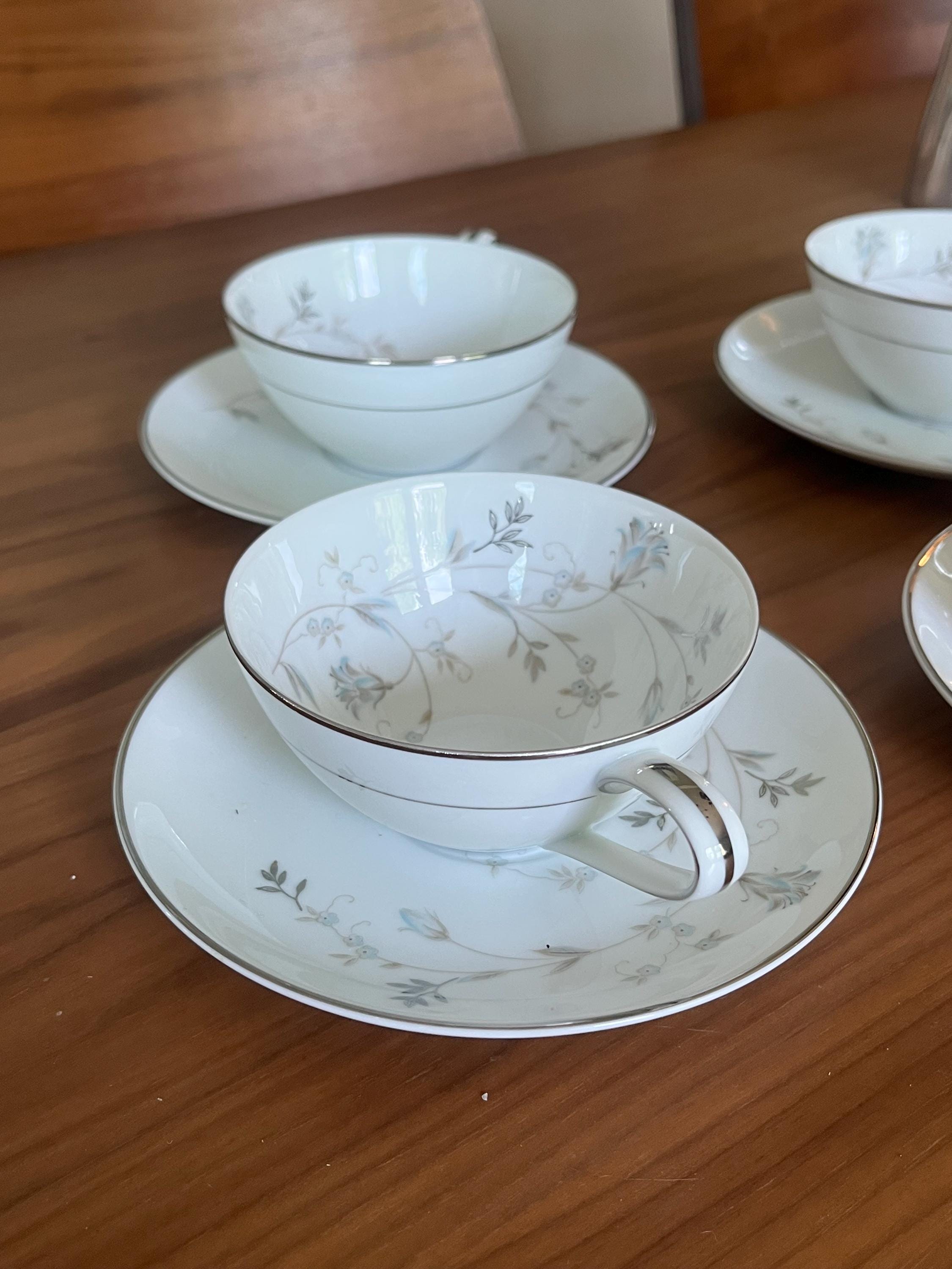 Vintage Noritake Valerie Tea Cups and Saucers, Set of 4, Silver
