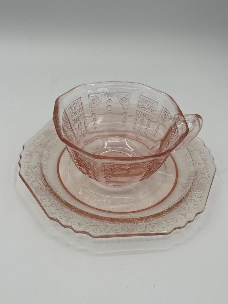 Vintage U.S. Glass “Octagon” Pink Depression Glass Teacup & Saucer Set of 2 (c. 1927–1930s) image 2
