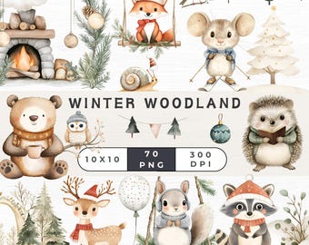 May include: A set of 10 watercolor illustrations featuring cute woodland animals in winter attire. The animals include a fox, a mouse, a hedgehog, a bear, an owl, a deer, a squirrel, and a raccoon. The illustrations are perfect for adding a touch of whimsy to your winter projects.