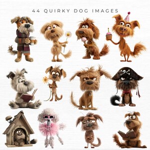 May include: A collection of 12 quirky cartoon dog illustrations. The dogs are depicted in various poses and expressions, wearing hats, holding objects, and engaging in activities. The illustrations are in a cartoon style with bright colors and exaggerated features.