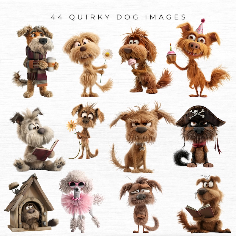 May include: A collection of 12 quirky cartoon dog illustrations. The dogs are depicted in various poses and expressions, wearing hats, holding objects, and engaging in activities. The illustrations are in a cartoon style with bright colors and exaggerated features.