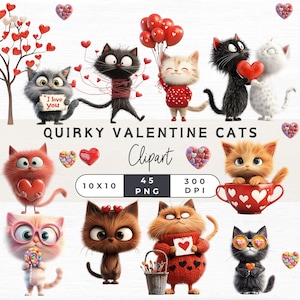 Clipart chat original, mignon chat de la Saint-Valentin Clipart, mignon chat PNG, clipart drôle de chat, illustrations de chat fantaisiste, Saint-Valentin chats clipart,