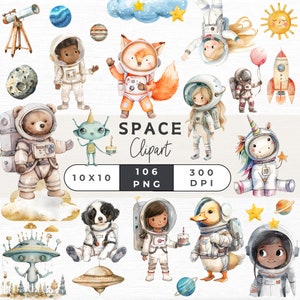 Paquete de 106 imágenes prediseñadas del espacio en acuarela, astronauta PNG, imágenes prediseñadas de planetas, imágenes prediseñadas de cumpleaños del espacio, imágenes prediseñadas del espacio exterior, imágenes prediseñadas del pequeño espacio,