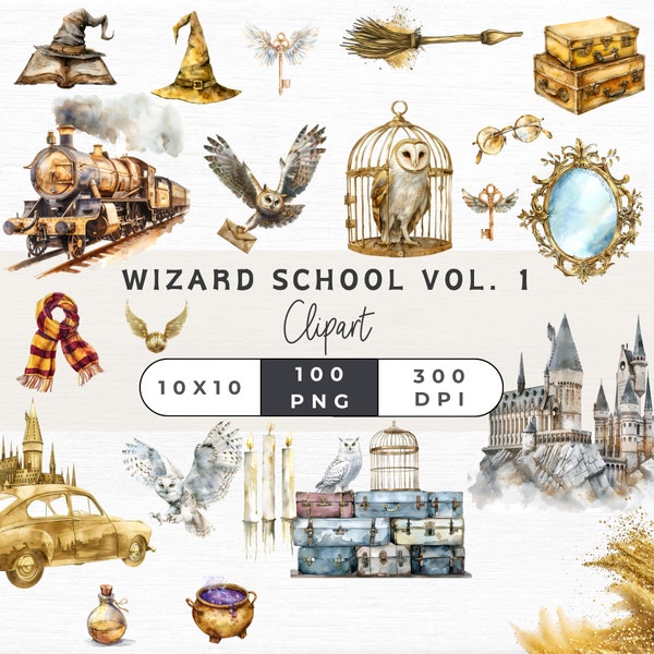 100 Wizard School Acuarela Clip Art - 100 PNG Magic Wizard Clipart Pack - Uso comercial - Varita, poción, búho, castillo,