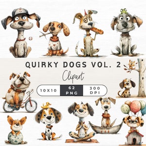 62 Quirky Dog Clipart, Whimsical Dogs Clipart, Cute Dog Clipart, Funny Dog Clipart Bundle,