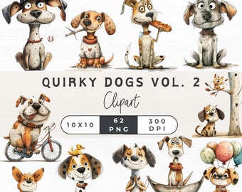 62 Quirky Dog Clipart, Whimsical Dogs Clipart, Cute Dog Clipart, Funny Dog Clipart Bundle,