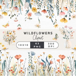 63 cliparts de fleurs sauvages, fleurs sauvages Png, fleurs printanières, bouquet de fleurs sauvages, bordure florale, clipart fleur aquarelle,