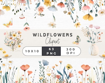 63 Imágenes prediseñadas de flores silvestres, flores silvestres png, flores de primavera, ramo de flores silvestres, borde de flores, imágenes prediseñadas de flores de acuarela,