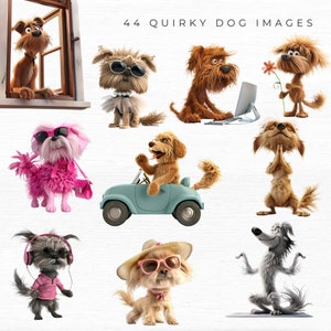 May include: A collection of nine quirky dog illustrations. The dogs are depicted in various poses and wearing different accessories, such as sunglasses, hats, and headphones. One dog is driving a blue car, another is holding a flower, and another is meditating. The illustrations are in a cartoon style and have a humorous tone.