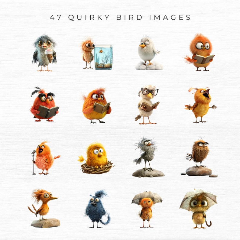 May include: A collection of 47 quirky bird images. The birds are depicted in various poses and expressions, some holding objects like books, ice cream cones, and umbrellas. The birds are colorful and have unique personalities.