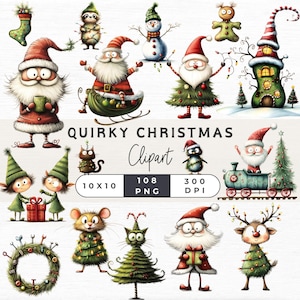 Clipart Noël original, graphiques fantaisistes aquarelle, clipart père Noël décalé, vacances drôles PNG, clipart renne décalé drôle,