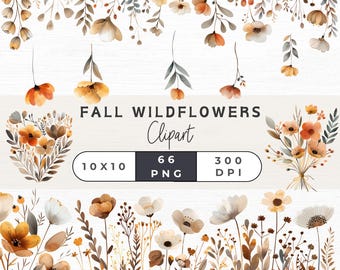 Fall Floral Clipart, Fall Wildflower Clipart, Watercolor Floral Clipart, Wildflowers Clipart, Floral Border, Wedding Clipart, Boho Flowers