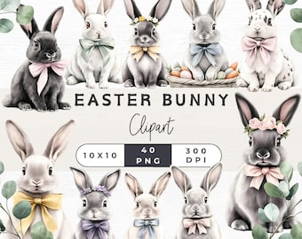 Watercolor Easter Bunny Clipart Bundle, Cute Bunny PNG, Spring Rabbit Clipart, Commercial Use,