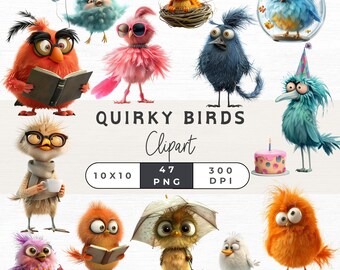 40 Quirky Bird Clipart, Funny Birds PNG, Funny Animals Png, Watercolor Bird Png, Printable Bird Art, Quirky Bird Clip Art, Whimsical Bird