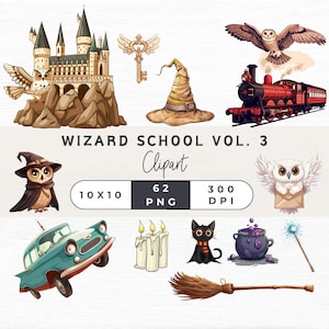 Pacchetto Clipart Scuola di Magia, PNG Scuola di Magia, Uso Commerciale, Bacchetta, Pozione, gufo, castello, Clipart Scuola di Magia Chibi