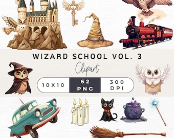 Puede incluir: Un conjunto de 62 imágenes de clipart digital con temática de escuela de magia. Las imágenes incluyen un castillo, búhos, un tren, un sombrero de bruja, una escoba, velas, un gato, un caldero y una varita mágica. Las imágenes están en estilo de dibujos animados y son perfectas para crear proyectos mágicos.