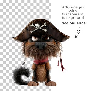 May include: A cartoon dog wearing a brown pirate hat with a skull and crossbones design. The dog has a grumpy expression and is looking directly at the viewer.