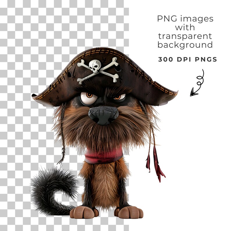 May include: A cartoon dog wearing a brown pirate hat with a skull and crossbones design. The dog has a grumpy expression and is looking directly at the viewer.