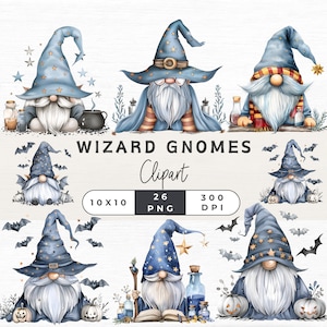 May include: A collection of watercolor illustrations featuring wizard gnomes. Each gnome wears a blue wizard hat with gold stars and a long white beard. The image includes bats, pumpkins, and potion bottles.