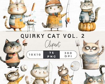 Quirky Cat Clipart, Whimsical Cat Clipart, Quirky Cat Png, Funny Cat Clipart, Commercial Use, Cute Animals, Transparent PNG