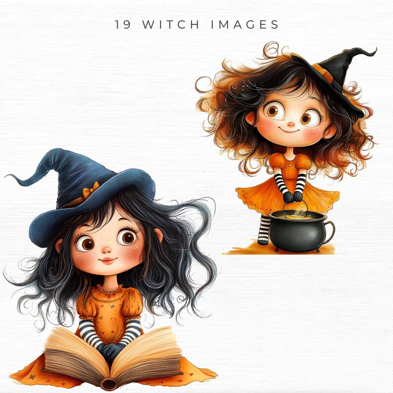 May include: Two illustrations of young witches. One witch wears a blue hat and orange dress, reading a book. The other witch wears a black hat and orange dress, holding a cauldron. The text "19 WITCH IMAGES" is at the top.