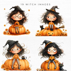 May include: Digital art featuring four illustrations of a cartoon witch girl with glasses, wearing an orange dress and a black witch hat. She is sitting on a carved pumpkin, with a black cat in some images. The text "19 Witch Images" is at the top.