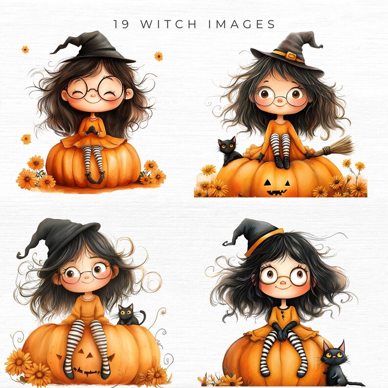 May include: Digital art featuring four illustrations of a cartoon witch girl with glasses, wearing an orange dress and a black witch hat. She is sitting on a carved pumpkin, with a black cat in some images. The text "19 Witch Images" is at the top.