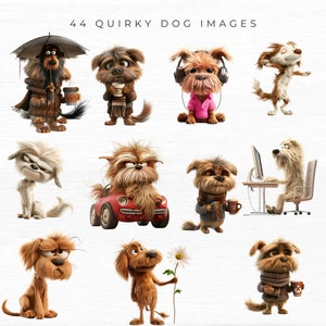 May include: A collection of 10 quirky cartoon dogs in various poses and outfits. The dogs are all different breeds and have unique personalities. Some of the dogs are wearing hats, scarves, and glasses. One dog is driving a red car. Another dog is sitting at a computer. The dogs are all looking at the camera.