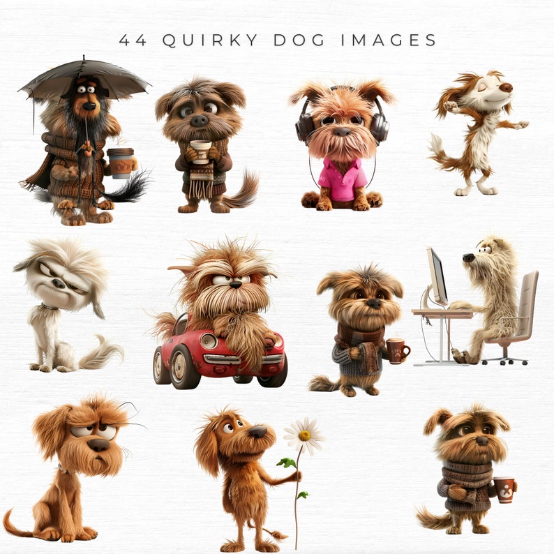 May include: A collection of 10 quirky cartoon dogs in various poses and outfits. The dogs are all different breeds and have unique personalities. Some of the dogs are wearing hats, scarves, and glasses. One dog is driving a red car. Another dog is sitting at a computer. The dogs are all looking at the camera.