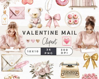 May include: A set of 36 Valentine's Day themed digital clipart images. The images include a teddy bear, a heart-shaped ornament, a donut, a typewriter, a bouquet of flowers, a bow, a feather, a letter, a woman writing a letter, a stack of books, a plate of cupcakes, a bowl of candy hearts, and a gift box. The images are in a watercolor style and are perfect for creating cards, invitations, and other Valentine's Day crafts.