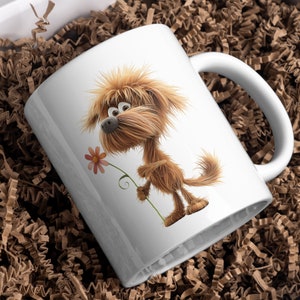 May include: White ceramic mug with a cartoon illustration of a brown dog holding a pink flower. The dog has a playful expression and is standing on a white background.