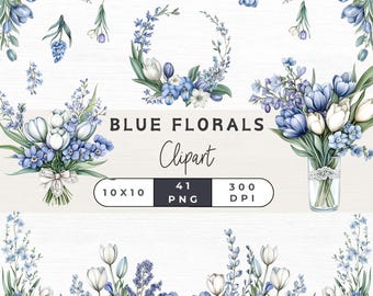 Blue Floral Clipart, Wedding Clip Art, Watercolor Floral Clipart, Tulip Clipart, Blue Flower PNG, Wedding Bouquet,