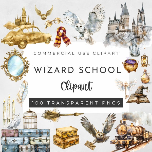 100 Wizard School Acuarela Clip Art - 100 PNG Magic Wizard Clipart Pack - Uso comercial - Varita, poción, búho, castillo,