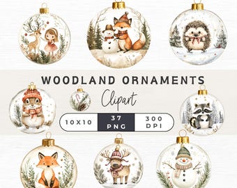 Clipart animaux de la forêt de Noël, clipart animaux hiver, animaux de la forêt mignons pour décoration de chambre d'enfant, clipart ornement de Noël, commercial