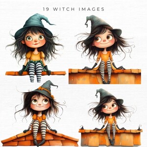 May include: Four illustrations of a cartoon witch with long black hair, wearing a teal witch hat, an orange top, and striped leggings. The witch is sitting on a brown surface. The text "19 WITCH IMAGES" is at the top.