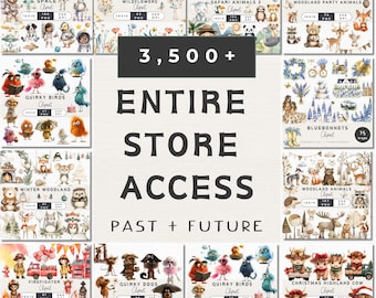 May include: A collage of watercolor illustrations featuring various themes, including woodland animals, quirky birds, wildflowers, and space. The text "3,500+ ENTIRE STORE ACCESS PAST + FUTURE" is displayed in the center of the image.