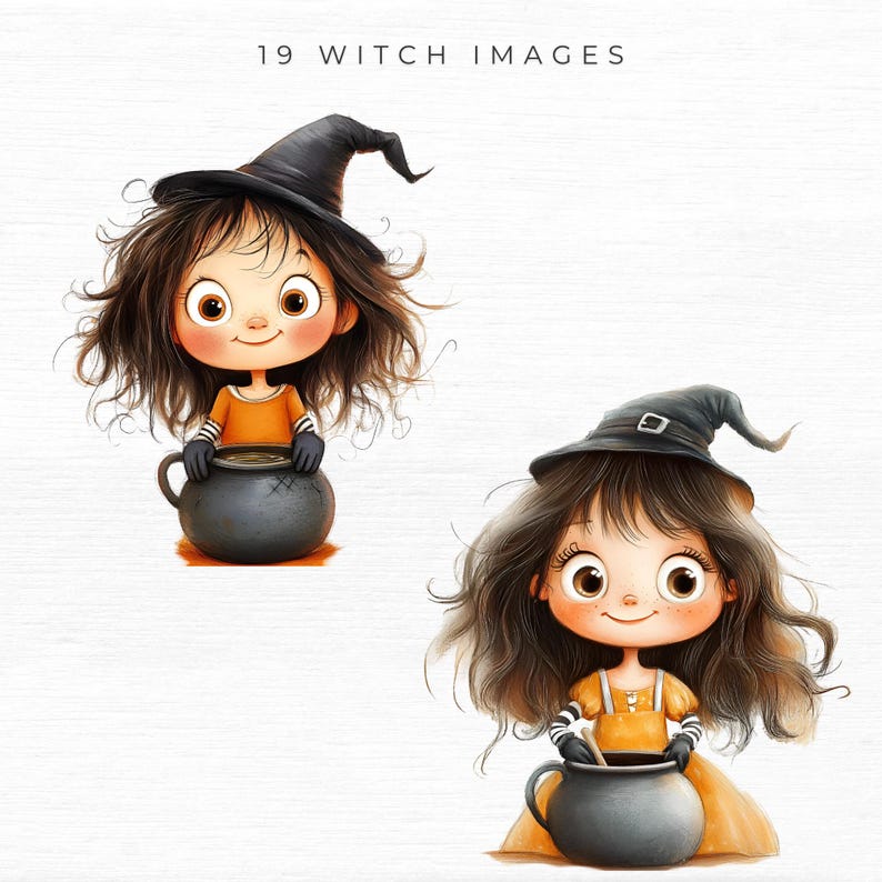May include: Two illustrations of cartoon witches. Each witch has brown hair, a black witch hat, and an orange dress. One witch is stirring a cauldron. The text "19 WITCH IMAGES" is at the top.