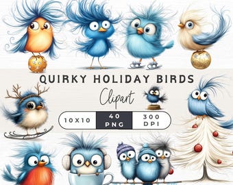 Quirky Birds Clipart, Funny Bird  Png, Sarcastic Birds, Whimsical Birds, Crazy Bird Clipart, Holiday Bird Clipart, Christmas Bird Card,