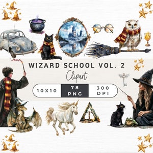 78 Wizard School aquarel illustraties, Magic Wizard clipart pack png's, commercieel gebruik, toverstaf, drankje, uil, kasteel, eenhoorn, tovenaarshoed,