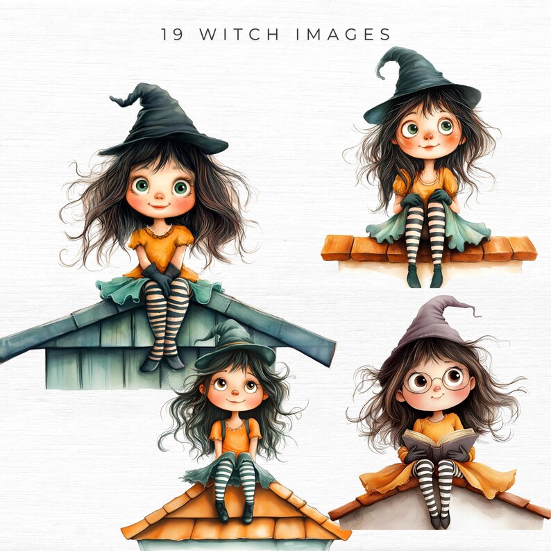 May include: Digital illustrations of cute witches sitting on rooftops. Each witch wears a black hat, orange dress, green skirt, and striped stockings. The image includes the text "19 Witch Images".