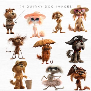 May include: A collection of nine quirky dog illustrations. The dogs are wearing various accessories, including hats, sunglasses, and a pirate hat. Some dogs are holding objects, such as a fishing rod, an umbrella, and a bucket.
