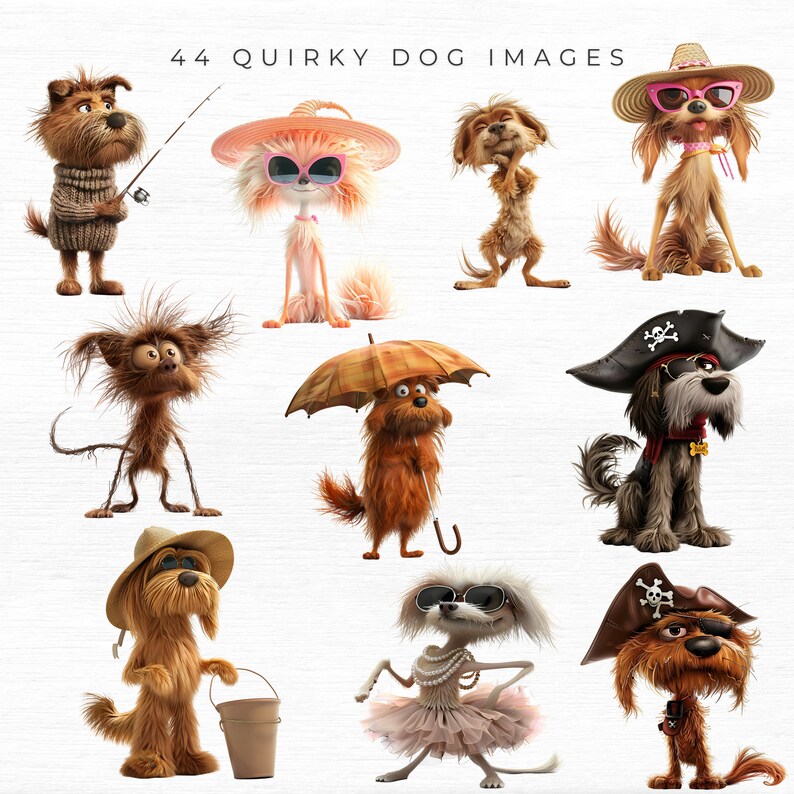 May include: A collection of nine quirky dog illustrations. The dogs are wearing various accessories, including hats, sunglasses, and a pirate hat. Some dogs are holding objects, such as a fishing rod, an umbrella, and a bucket.
