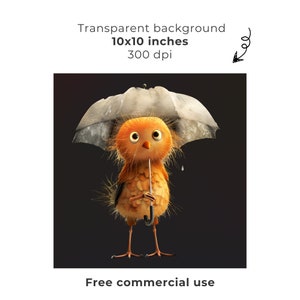 May include: A cartoon chick with large eyes and a worried expression holds a gray umbrella over its head. The chick is orange and has a yellow beak. The background is black.
