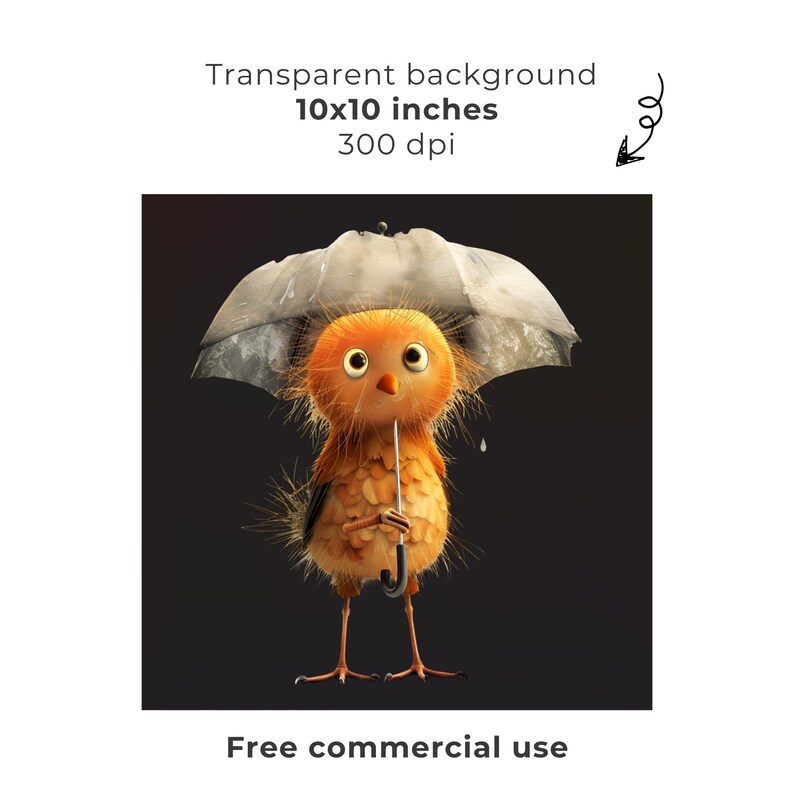 May include: A cartoon chick with large eyes and a worried expression holds a gray umbrella over its head. The chick is orange and has a yellow beak. The background is black.